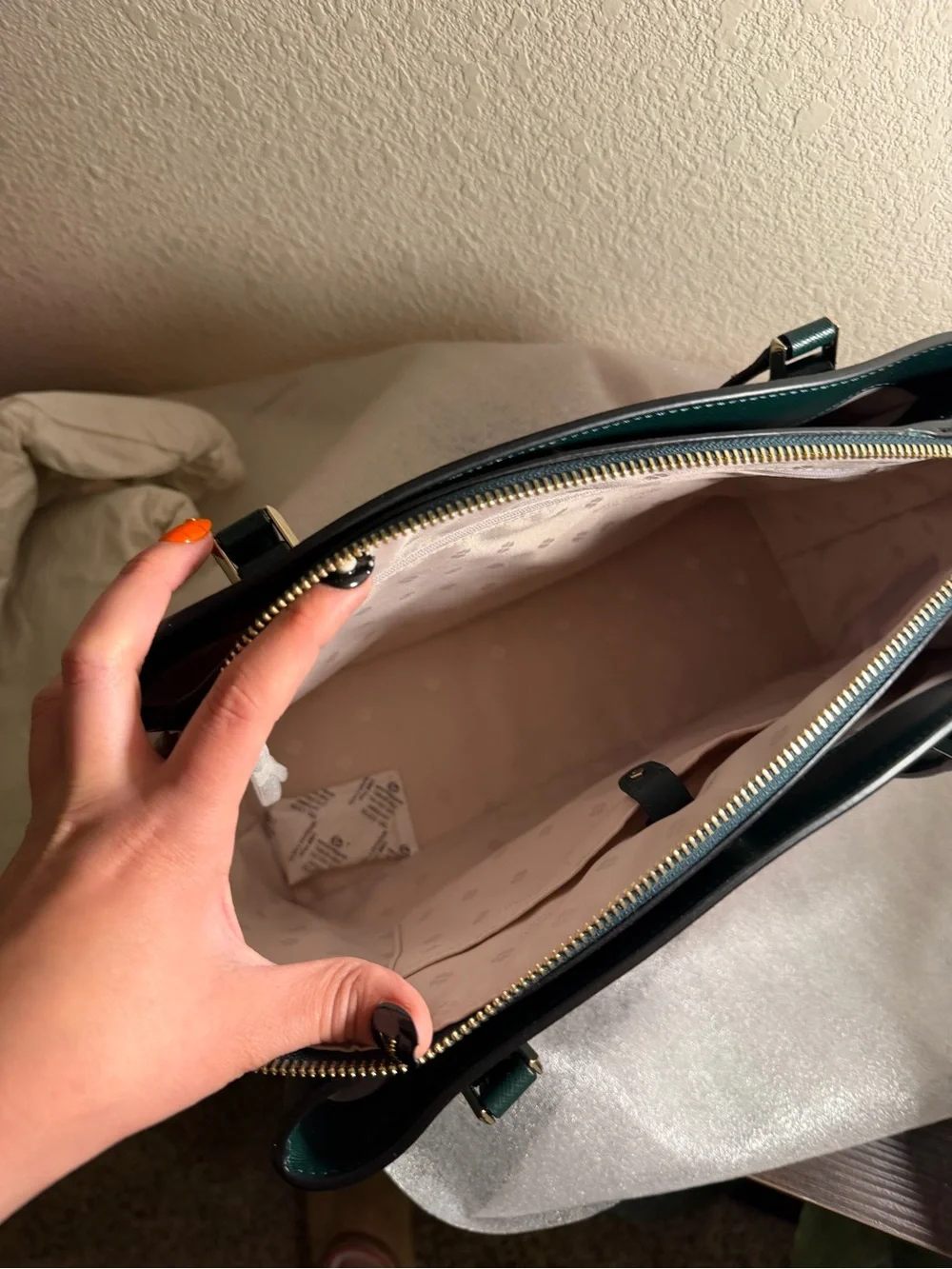 kate spade Dark Green Saffiano Leather Tote with Cream Trim